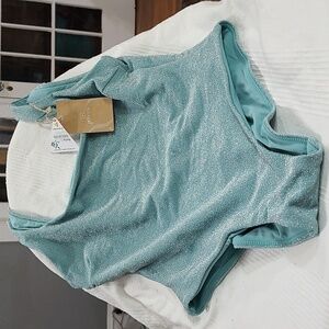 NWT Berlook Leotard Shimmery Metallic Aqua Recycled Nylon Dance Gymnastics Sz M